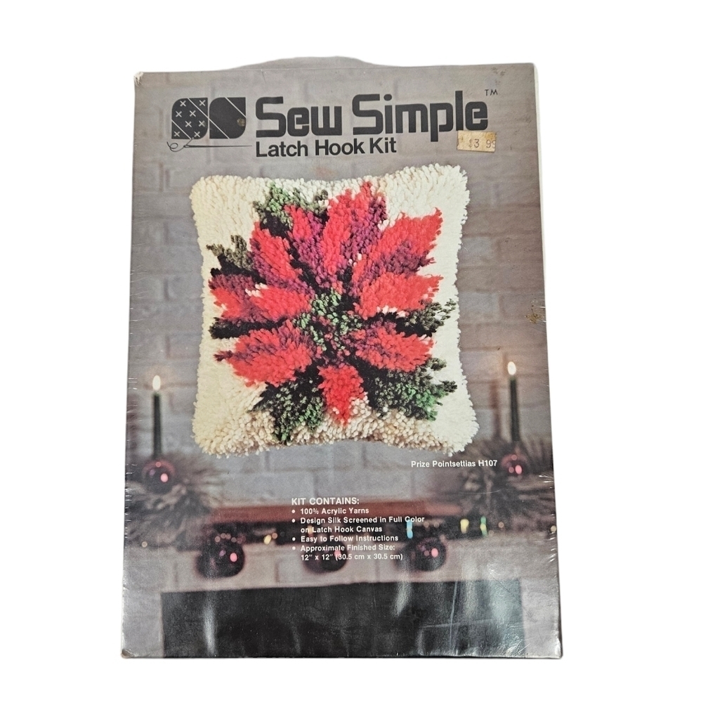 NWT Vintage 70s Sew Simple Latch Hook Set Prize Poinsettias‎ Christmas Theme
